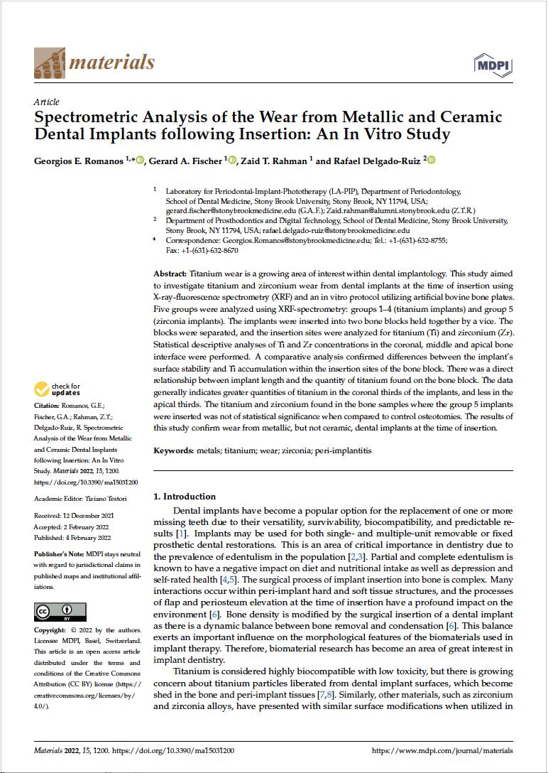 Spectrometric Analysis of the Wear from Metallic and Ceramic Dental Implants following Insertion: An In Vitro Study