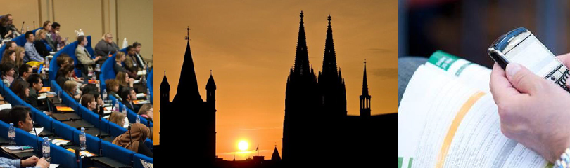 kongress_17._jahrestagung_landesverband_nrw_dgi_810x240px Personen im Kongresszentrum, Kölner Dom bei Dämmerung und eine Hand am Telefon