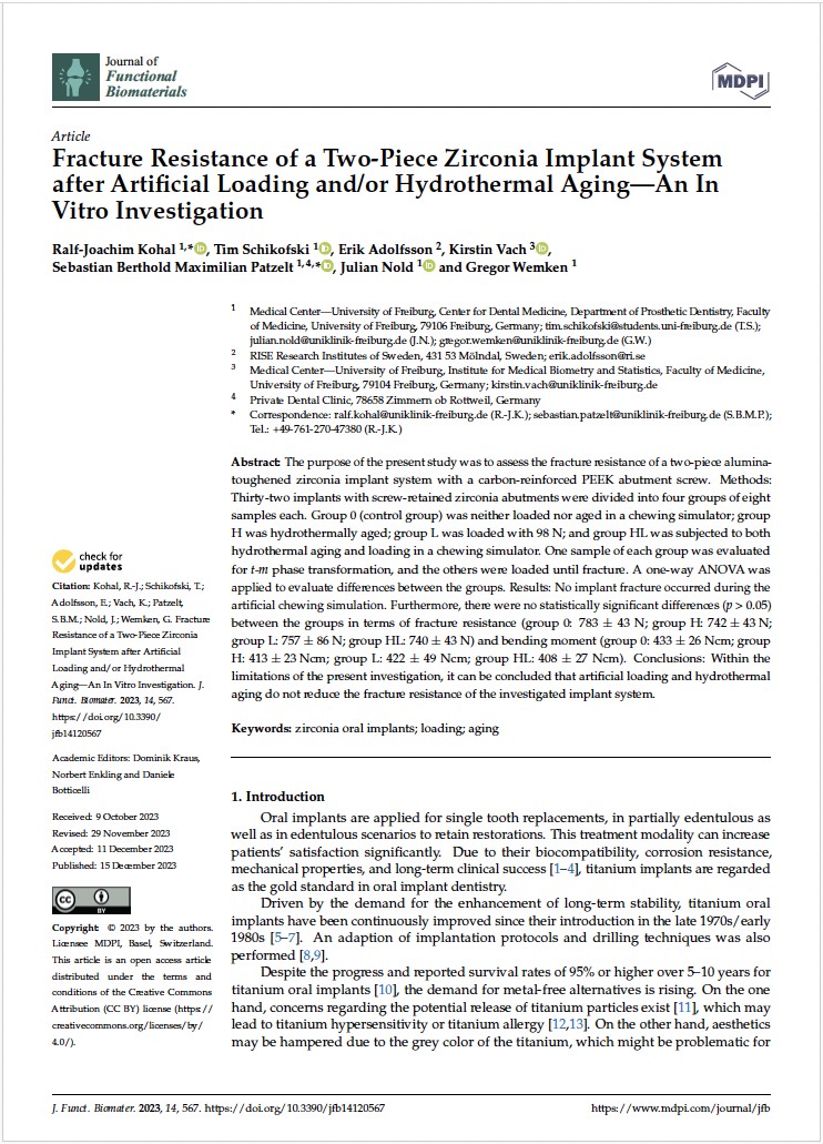 Fracture Resistance of a Two-Piece Zirconia Implant System after Artificial Loading and/or Hydrothermal Aging—An In Vitro Investigation